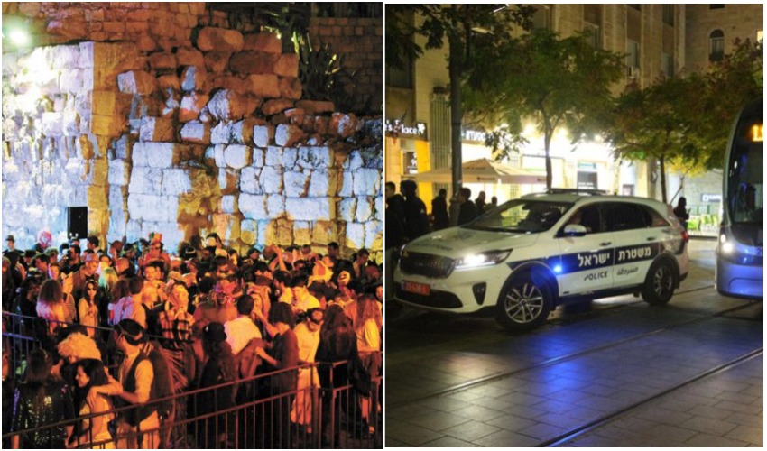 ניידת משטרה במרכז העיר, מסיבת פורים במגדל דוד (צילומים: דוברות המשטרה, ריקי רחמן)