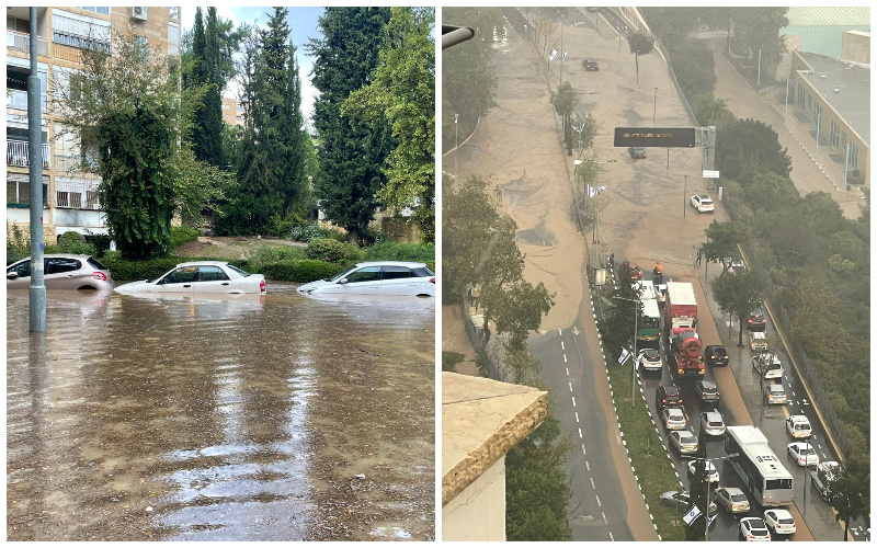 שטפונות והצפות ברחובות קוליץ וגלבר, היום (צילומים: באדיבות המצלם, עמרי פינקל)