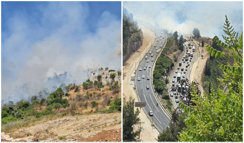 שריפת החורש ביער הארזים-ליפתא והפקק בכביש בגין (צילום: הערשי פרלמוטר - תיעוד מבצעי כב"ה)