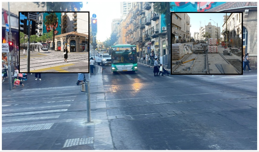 מבט על רחוב קינג ג'ורג' מרחוב יפו, העבודות להקמת הרכבת הקלה ברחוב יפו בשנת 2008, הדמיית הקו הכחול בצומת קינג גורג'-יפו (צילומים והדמיות: צילום Adam Yishay Amorai, CC BY 3.0, מתוך ויקיפדיה, צוות תכנית אב לתחבורה ירושלים)