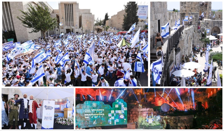 מצעד 'ריקוד הדגלים' (למעלה משמאל עם כיוון השעון), יום ירושלים בשנה שעברה במגדל דוד, בבריכת הסולטן, טקס יקיר העיר 2023 (צילומים: מנדי הטמן עם כלביא, ארנון בוסאני)
