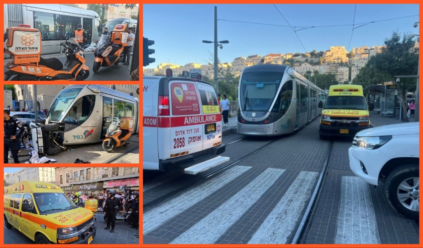 זירות תאונה במעורבות הרכבת הקלה והולכי רגל או רוכבי אופניים (צילומים: תיעוד מבצעי מד"א, איחוד הצלה)