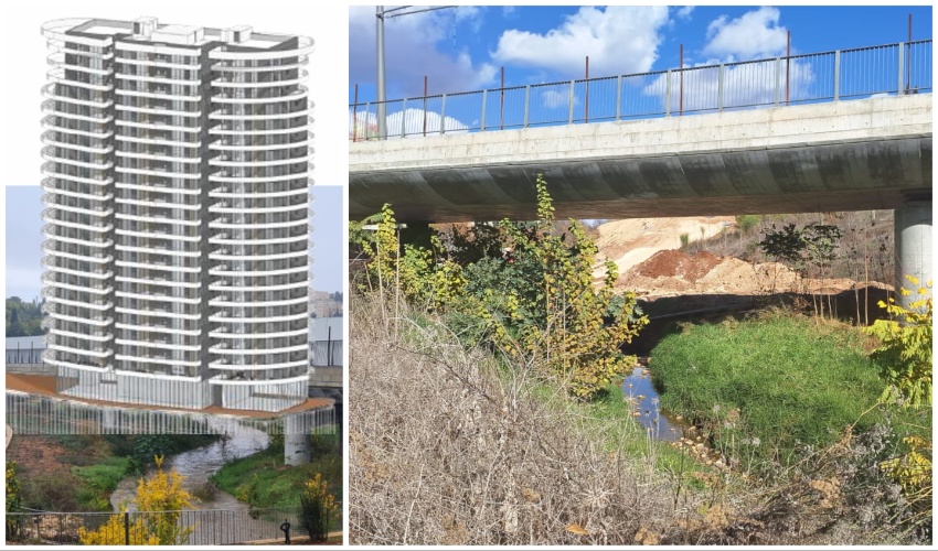 נחל רחביה (מימין), הדמיית התוכנית (צילומים והדמיה: מצגת של המתנגדים לתוכנית)